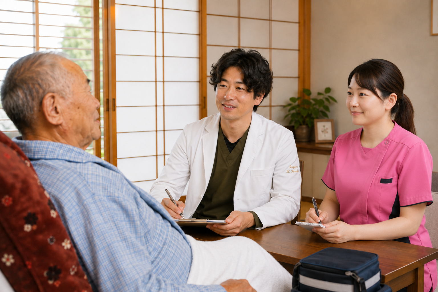 ご自宅で患者さまを診察する医師と看護師